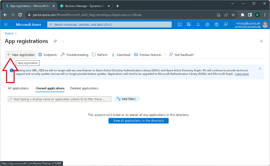 Create new app registration on Azure portal.