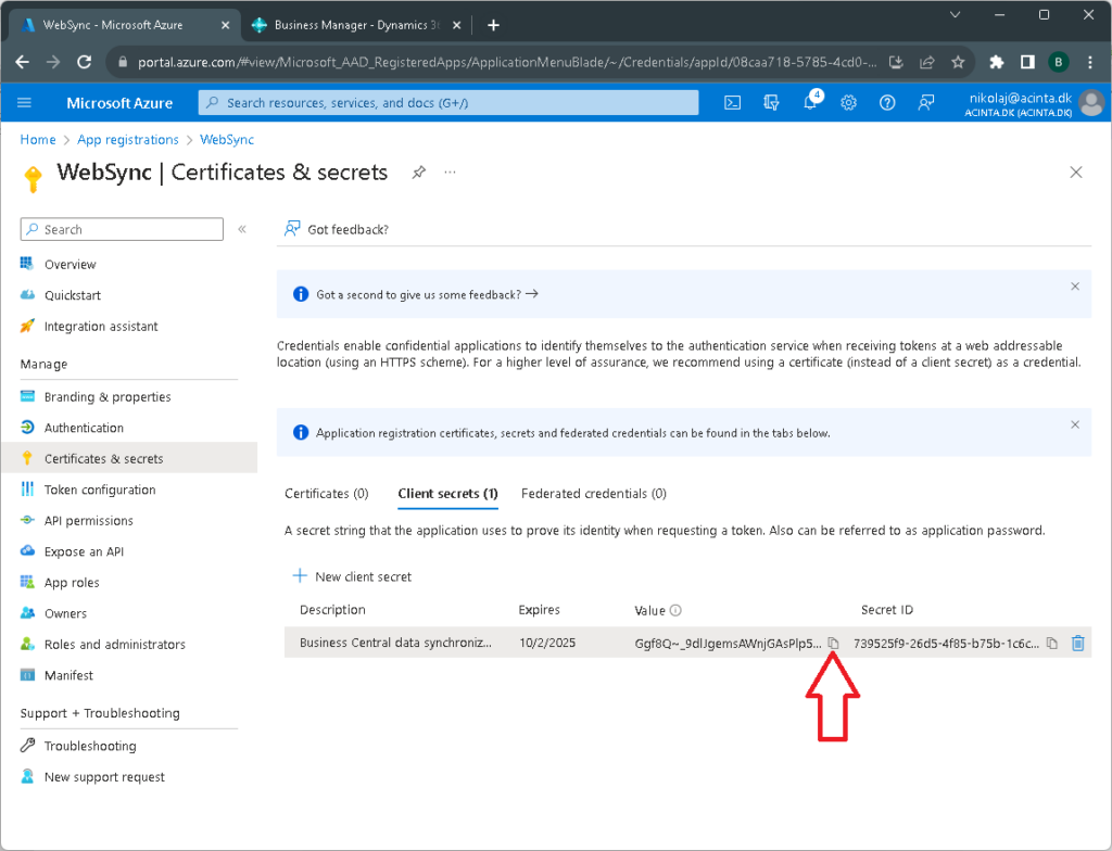 Store the client secret value