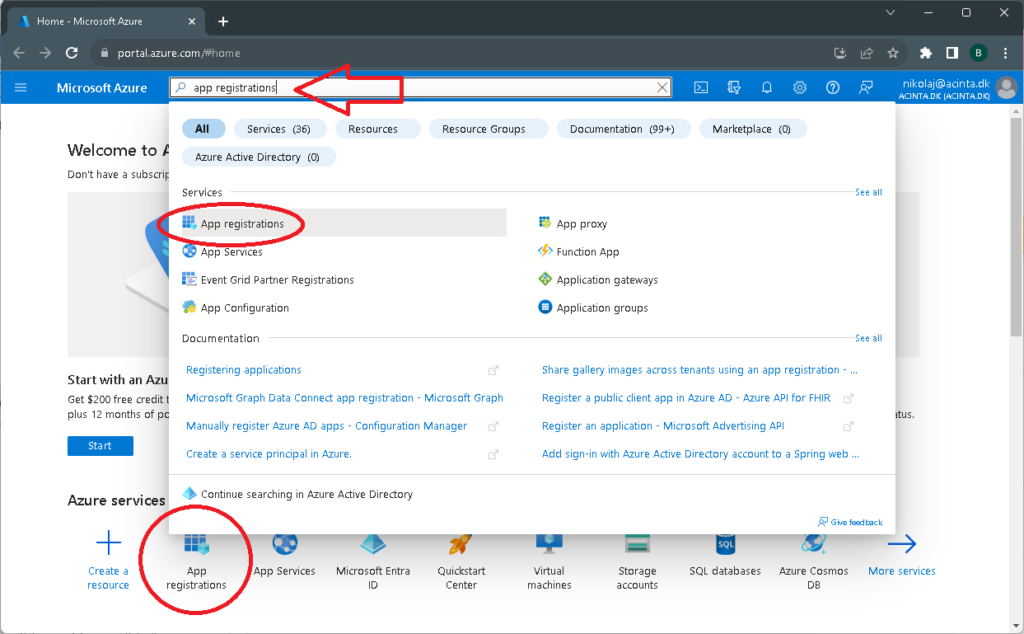 Find "App registrations" item on Azure portal.